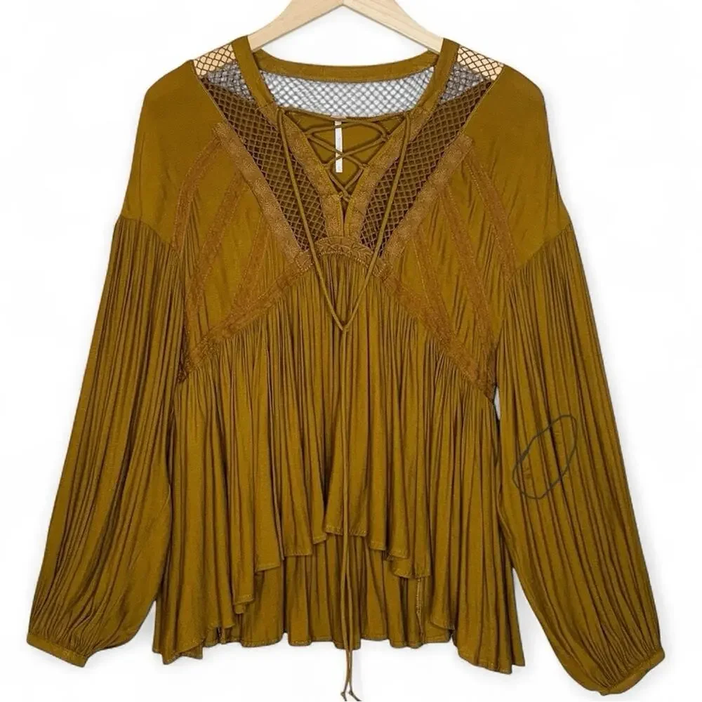 Free People Fairy Grunge Blouse XS Brown Gingersnap Lace Up Balloon Sleeve Top